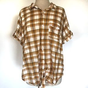 Passport Yellow Plaid Tie Waist Button Up Top